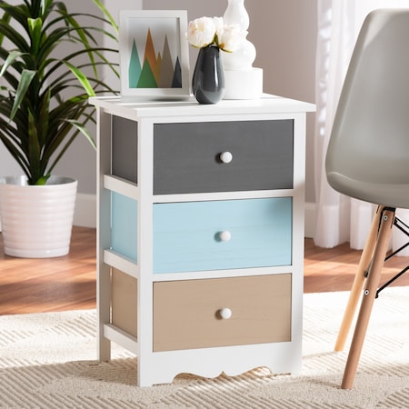 Baxton Studio Kalila ModernWhite and Multi-Colored Finished Wood 3-Drawer Nightstand 199-12249-ZORO